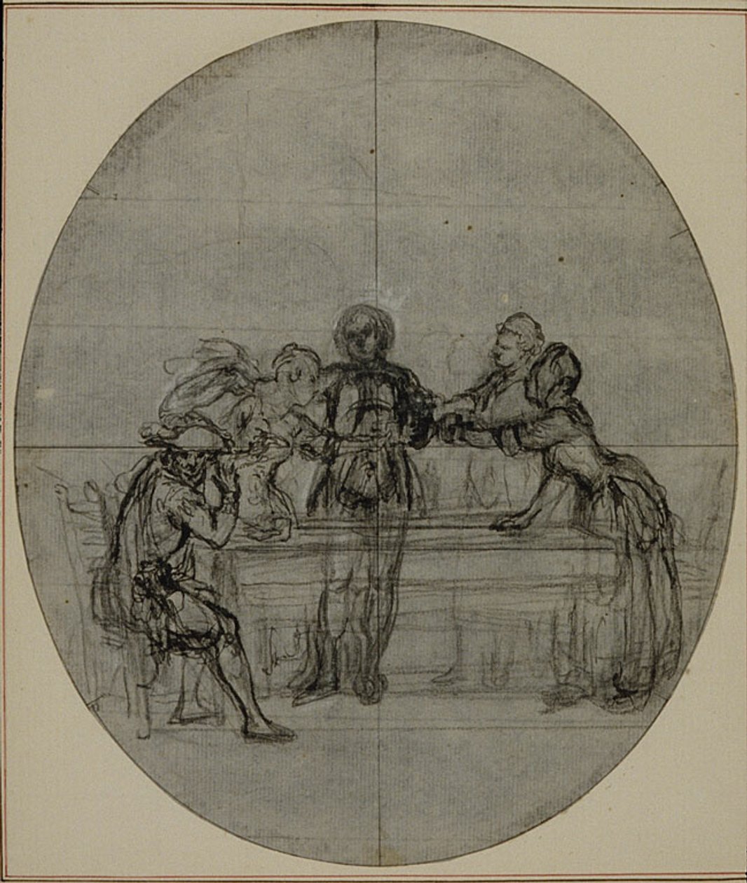 Studie für eine nie veröffentlichte zweite Ausgabe von Colles "La Partie de Chasse de Henri IV", Akt III, Szene 10 von Hubert Francois Gravelot