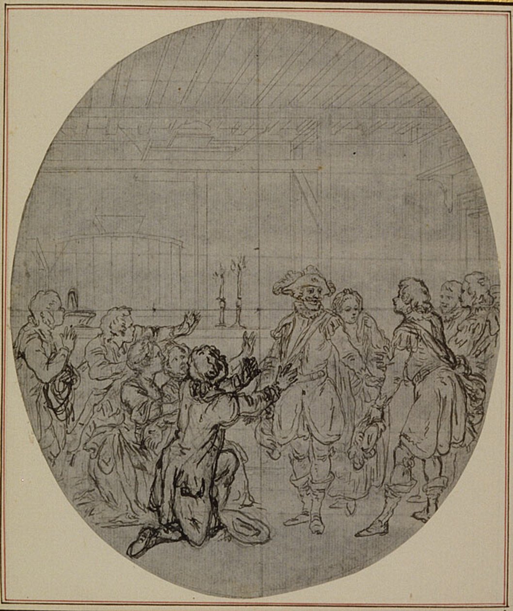 Studie für eine nie veröffentlichte zweite Ausgabe von Colles "La Partie de Chasse de Henri IV", Akt III, Szene 13 von Hubert Francois Gravelot