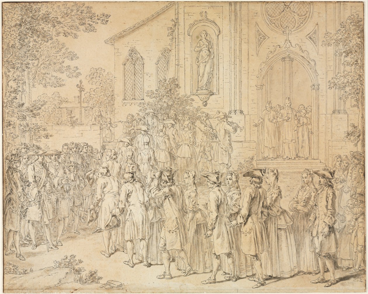 Eine Prozession, die eine Kirche betritt von Hubert François Bourguignon Gravelot