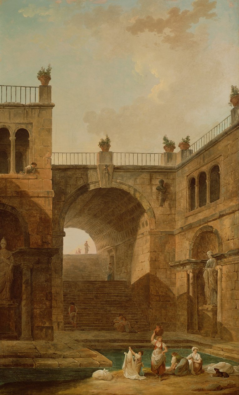 Architekturszene mit Frauen, die Kleidung an einem Pool waschen von Hubert Robert