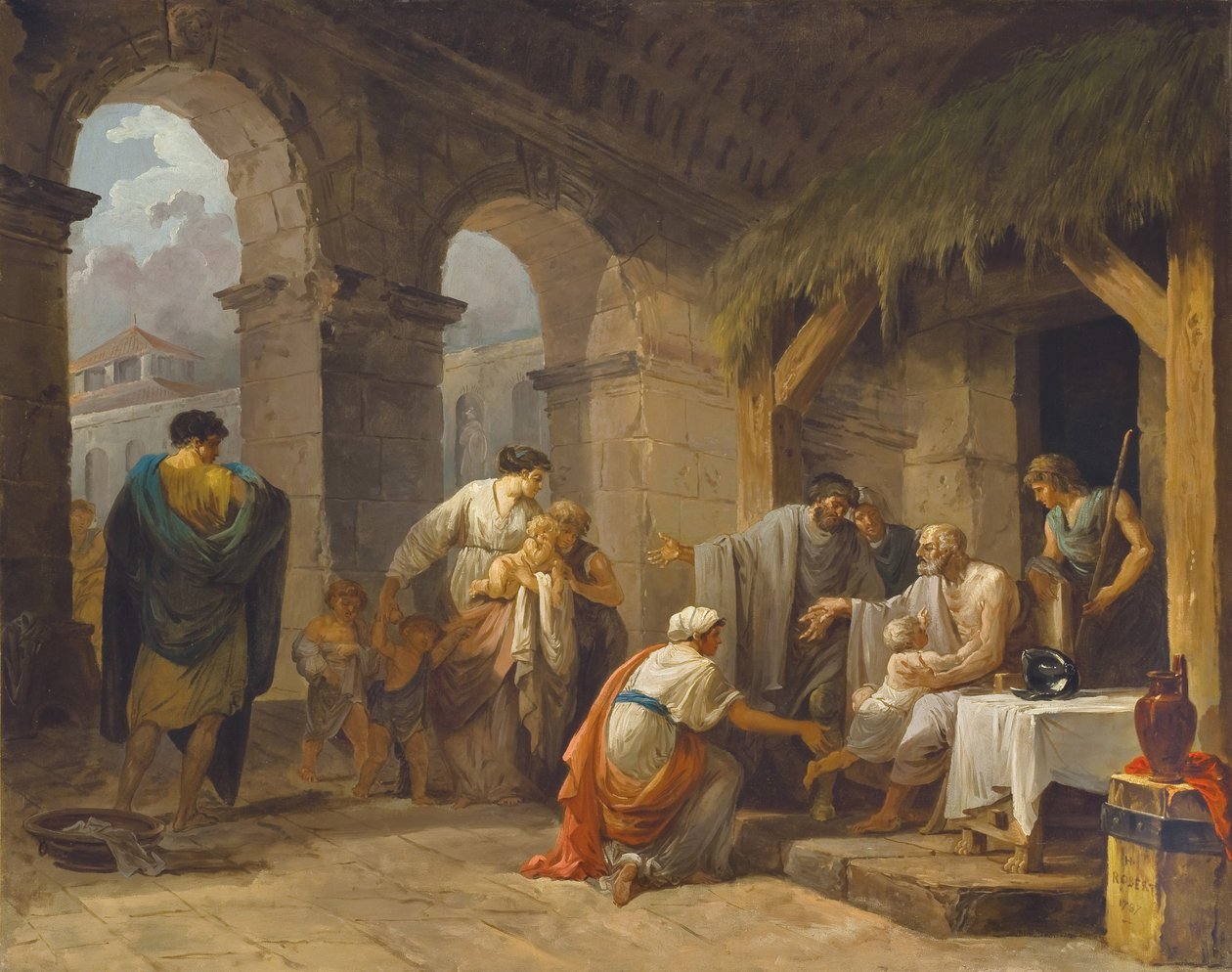 Belisarius empfängt die Gastfreundschaft eines Bauern, der unter seinen Befehlen gearbeitet hat, 1787 von Hubert Robert
