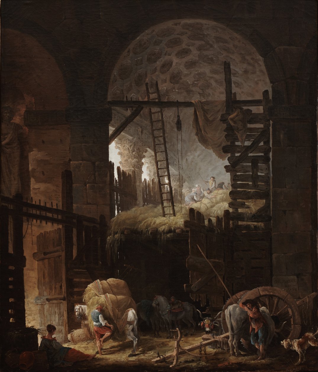 Inneres der Villa Giulia mit Heuarbeitern von Hubert Robert