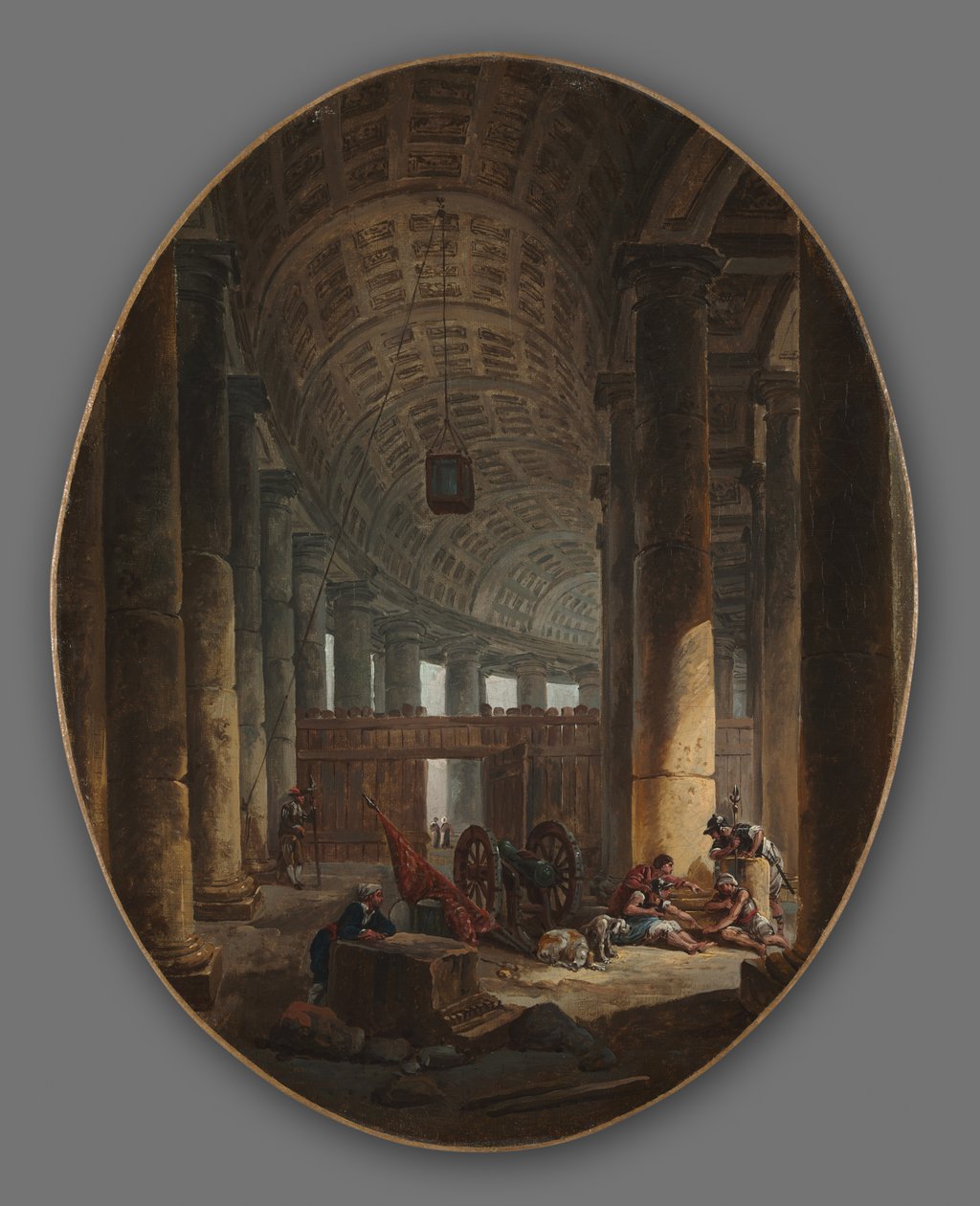 Paar Gemälde: Die Kolonnade von St. Peter in Rom während des Konklaves und Die Grotte, ca. 1769 von Hubert Robert