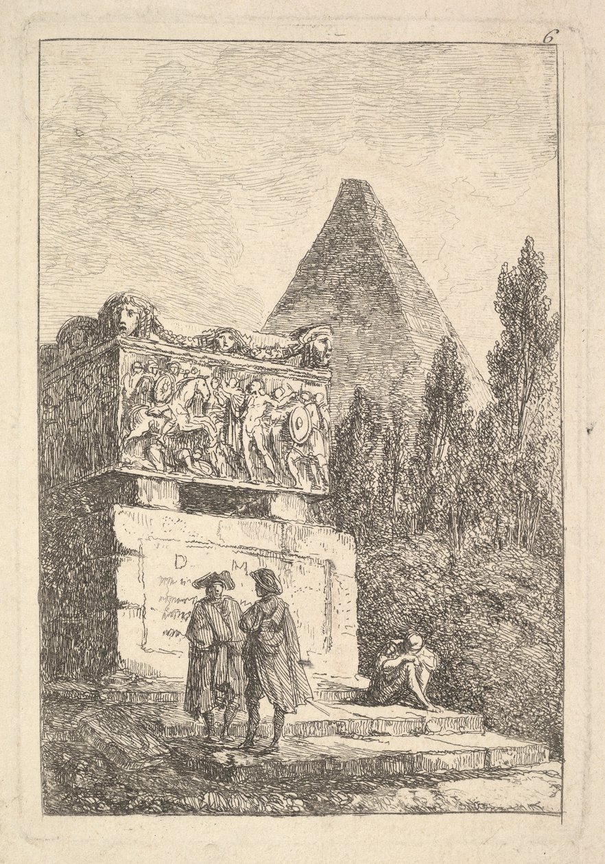 Tafel 6: Der Sarkophag: zwei Männer unterhalten sich nach links, ein anderer Mann sitzt und schläft, ca. 1763-64 von Hubert Robert