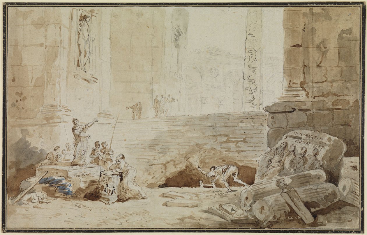 Römisches Capriccio mit Straßensängerin von Hubert Robert
