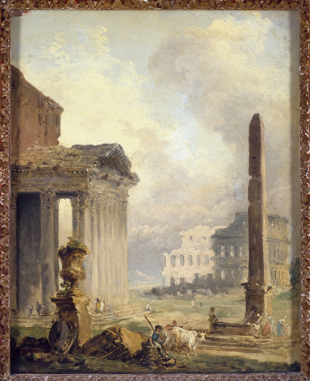 Römische Ruinen, das Forum mit dem Kolosseum und dem Obelisken von Hubert Robert