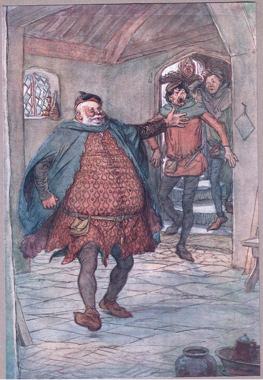 Eintritt Falstaff, Pistole, Nym und Bardolph, Illustration aus Die lustigen Weiber von Windsor, 1910 von Hugh Thomson