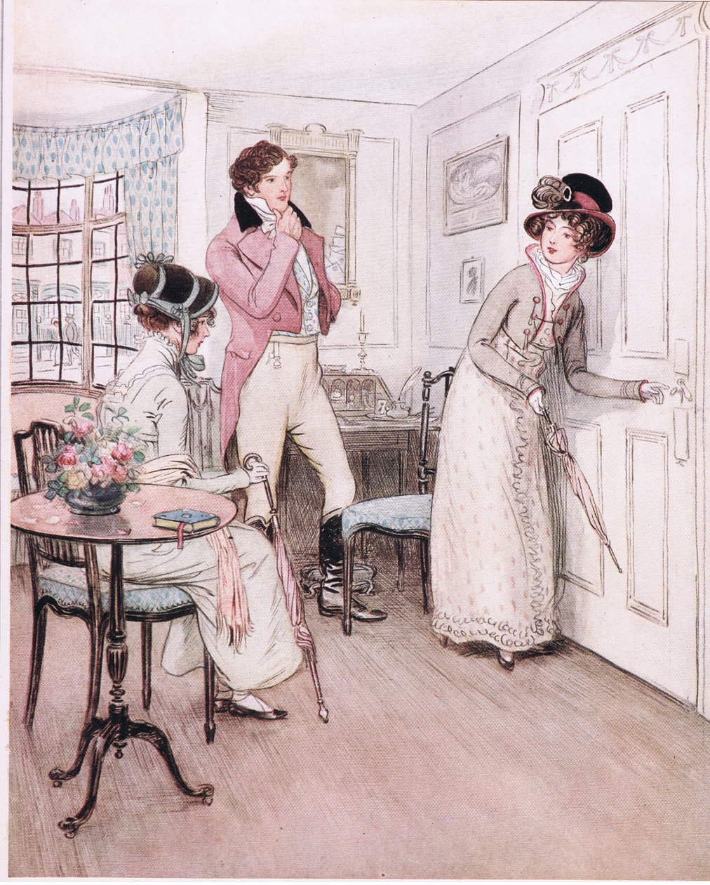 Miss Henrietta und Miss Fanny, ermutigt durch dieses Mitgefühl, nähern sich der Tür des interessanten Schlafzimmers. von Hugh Thomson