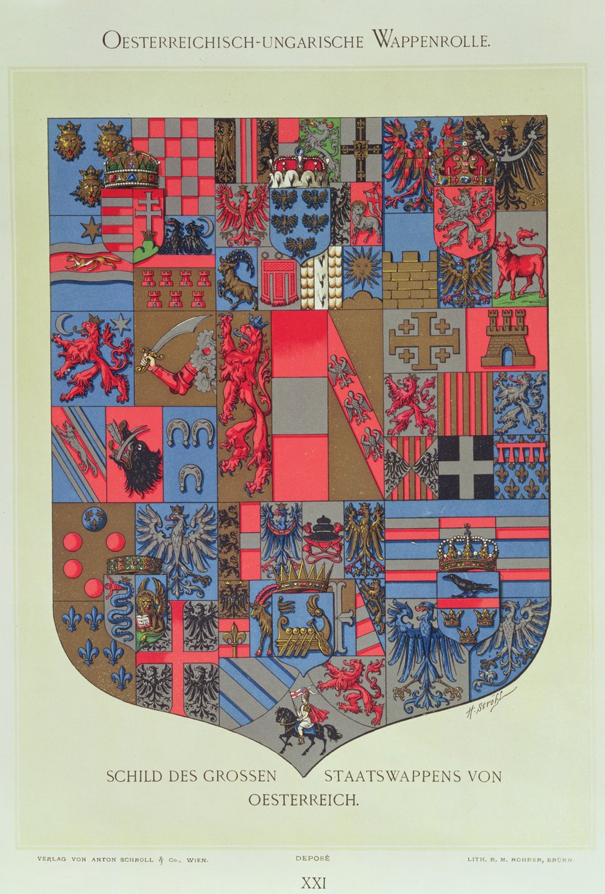 Wappen des österreichisch-ungarischen Reiches, zeigt die Wappen des kaiserlichen österreichischen Hofes, graviert von R. M. Rohrer von Hugo Gerard Strohl