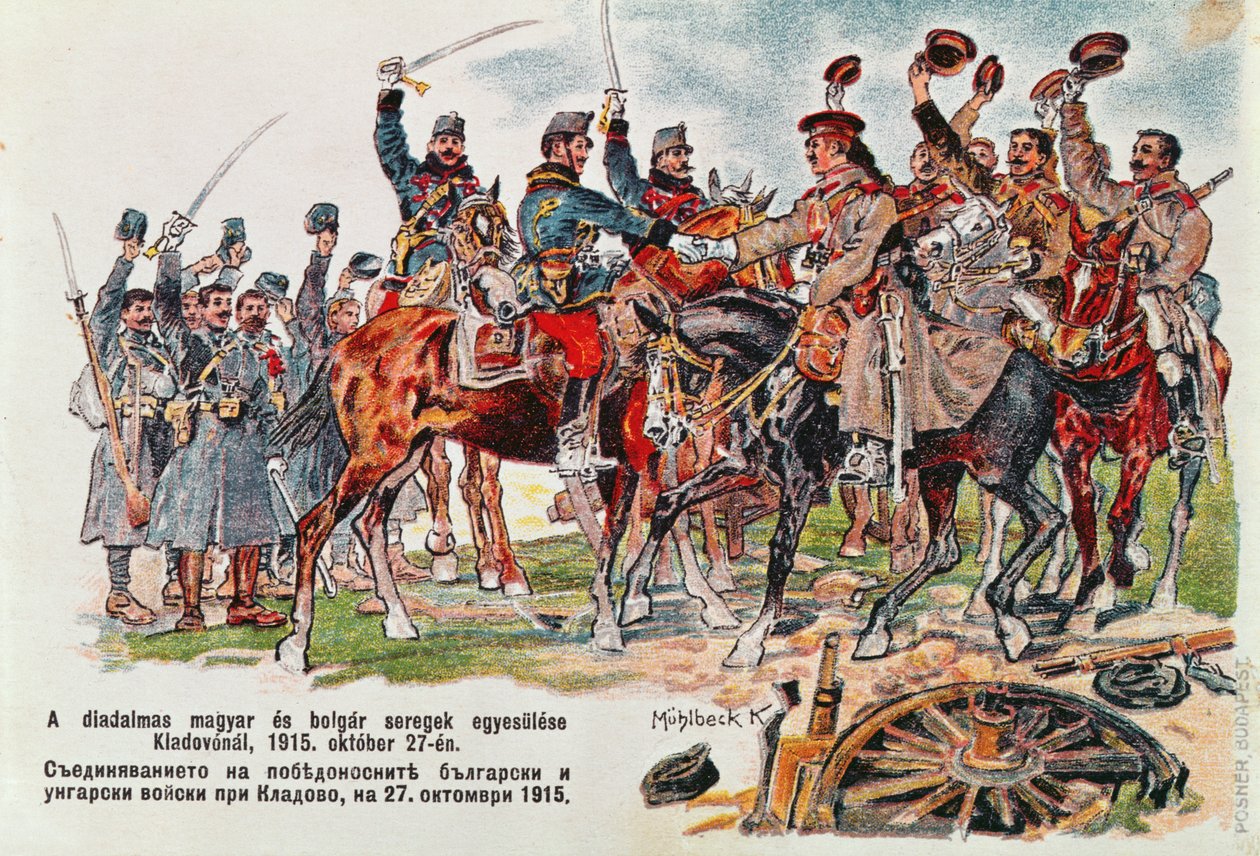 Postkarte, die das Treffen der ungarischen und bulgarischen Armeen am 27. Oktober 1915 bei Kladovo darstellt, 1915 von Hungarian School