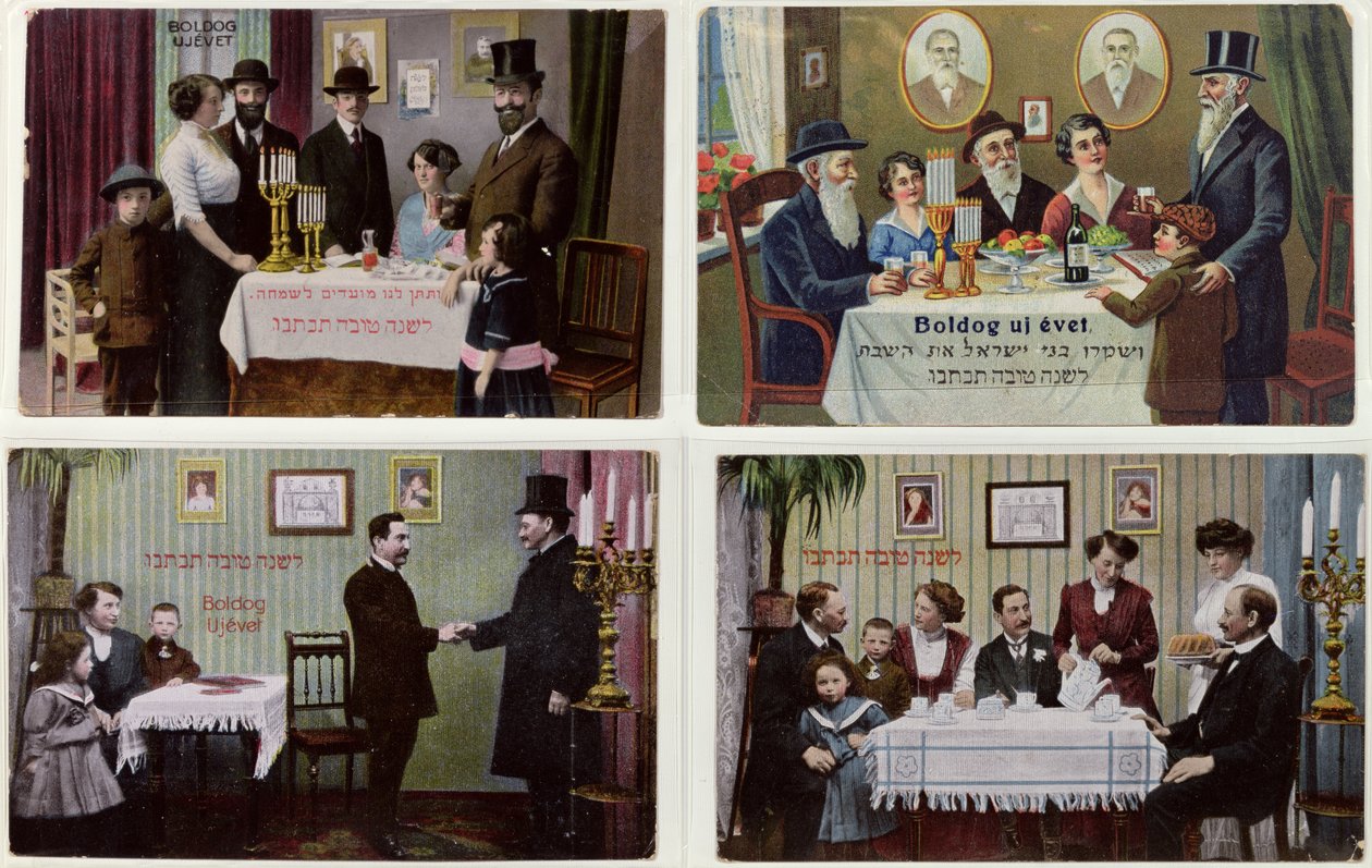 Postkarten, die die jüdische Familie an Rosch Haschana darstellen von Hungarian School