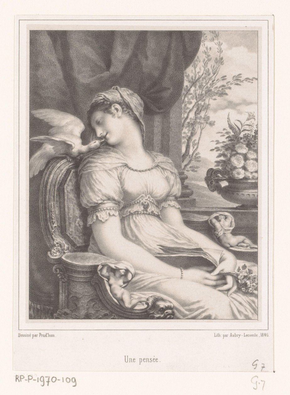 Sitzende Frau mit Buch und weißem Vogel von Hyacinthe Louis Victor Jean Baptiste Aubry Lecomte