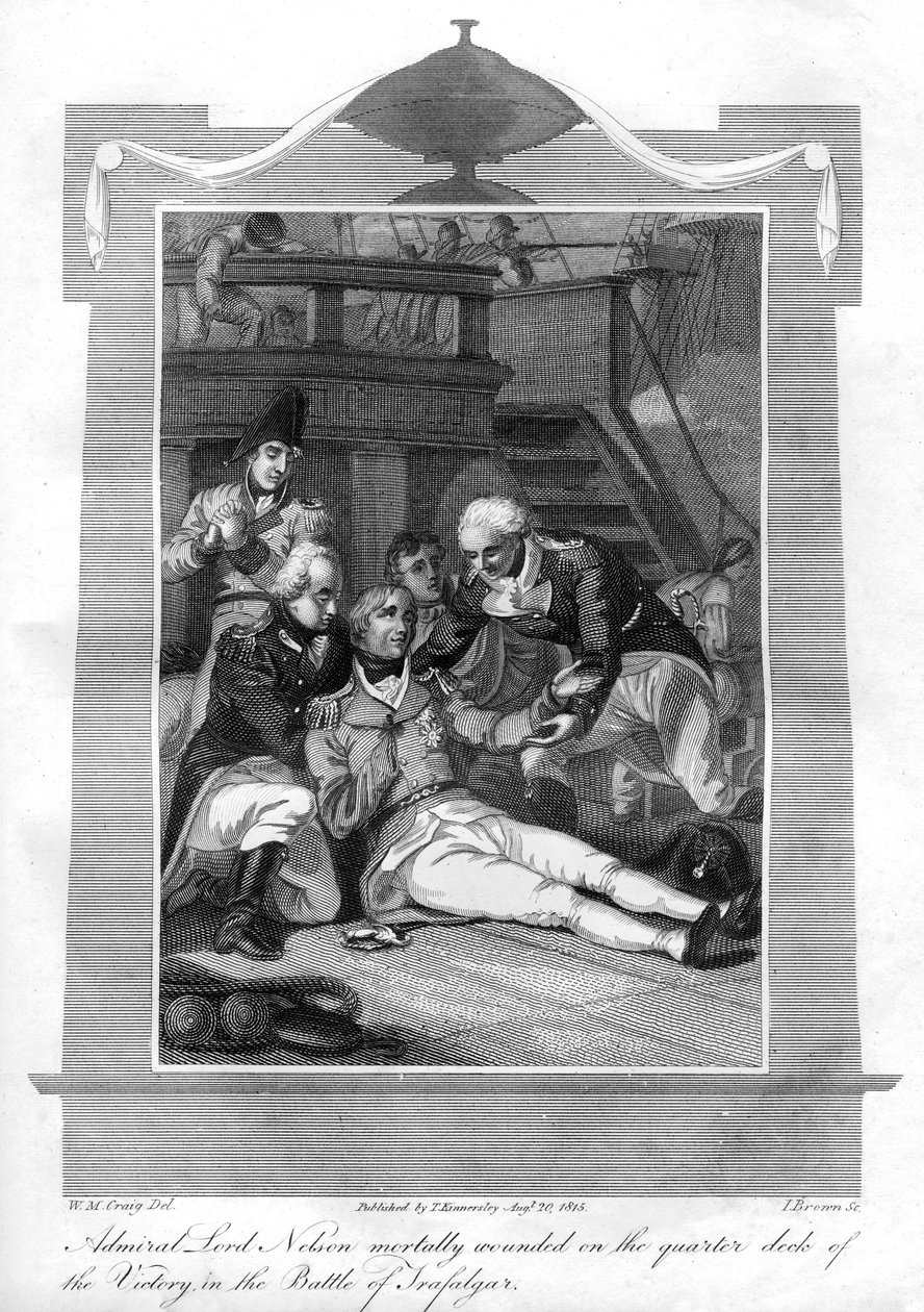 Admiral Nelson liegt tödlich verwundet auf dem Achterdeck der HMS Victory (1816) von I. Brown