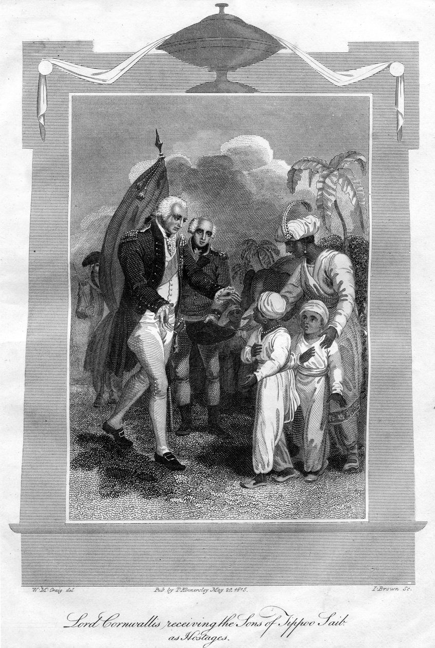 Lord Cornwallis 1738-1805 empfängt die Söhne von Tippoo Saib als Geiseln, 1816 von I. Brown