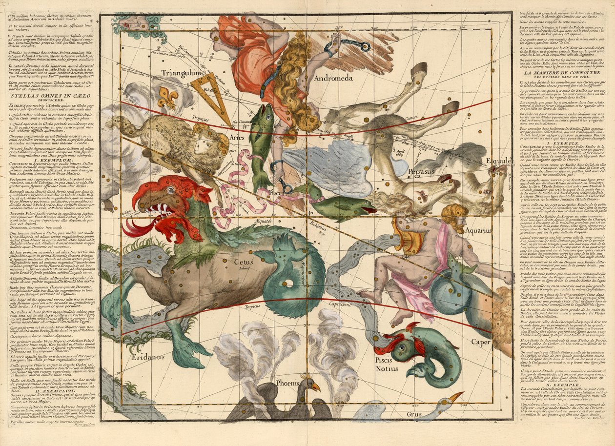 Frühlingsäquinoktium, Tafel 2 aus Globi coelestis in tabulas planas redacti descriptio, veröffentlicht 1674 (handkolorierter Stich) von Ignace Gaston Pardies