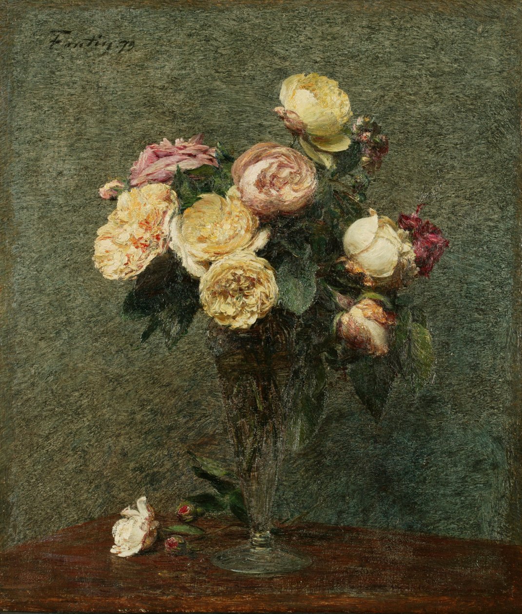 Stillleben: Rosen in einer Glasvase von Ignace Henri Jean Fantin-Latour