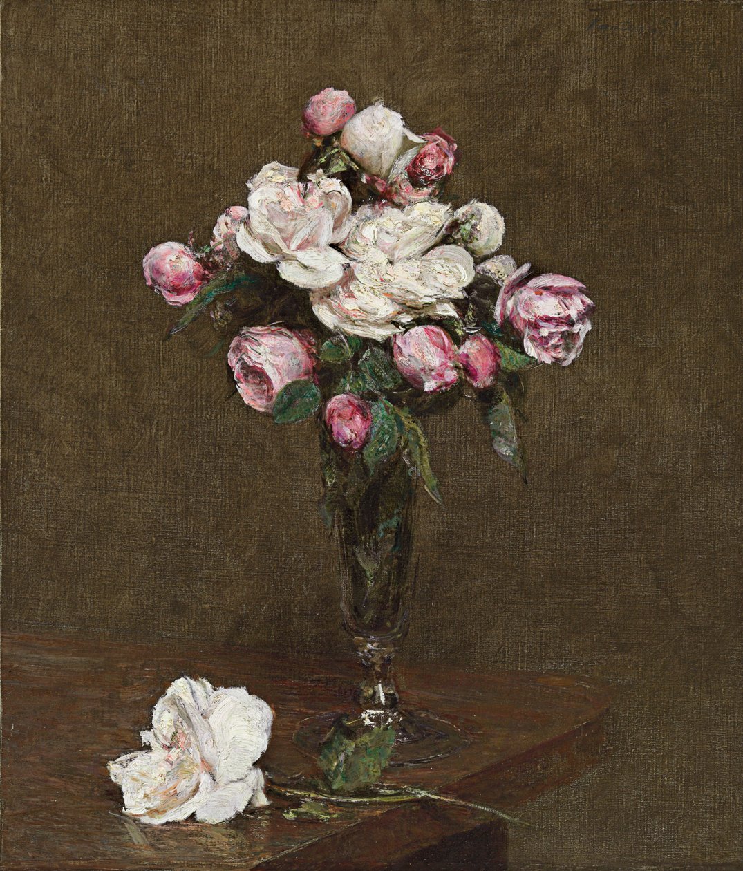 Rosa und weiße Rosen in einem Champagnerglas von Ignace Henri Jean Fantin Latour