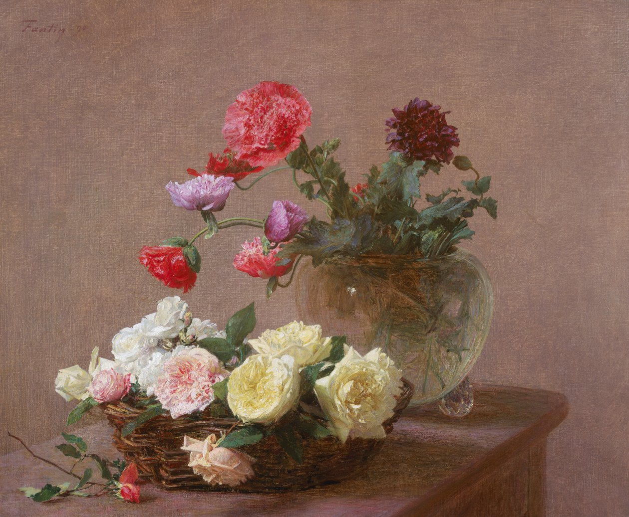 Mohnblumen in einer Kristallvase oder Korb mit Rosen, 1890 von Ignace Henri Jean Fantin Latour