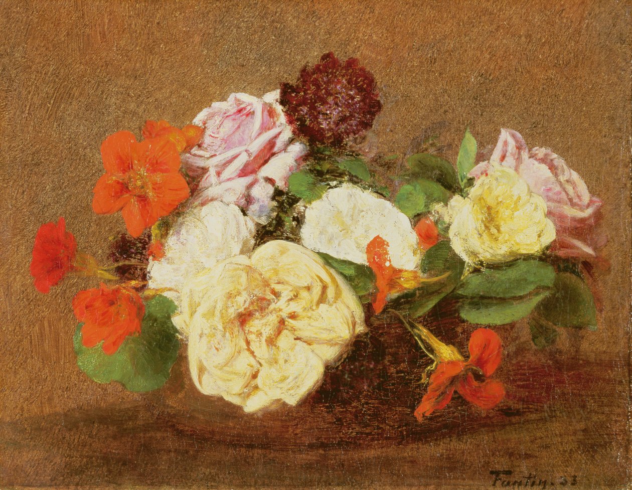 Rosen und Kapuzinerkressen in einer Vase, 1883 von Ignace Henri Jean Fantin Latour