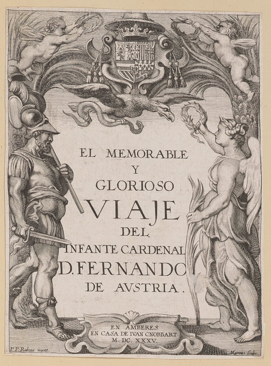 Titelseite für D. De Aedo y Gallert, El...Viaje del Infante Cardenal... von Ignatius Cornelis Marinus after Sir Peter Paul Rubens