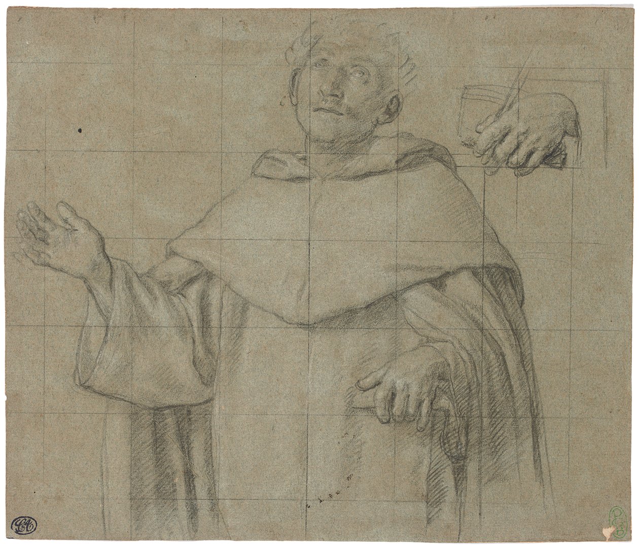Ein dominikanischer Heiliger, vielleicht der heilige Petrus Märtyrer, Halbfigur, ein Buch haltend von Il Sassoferrato