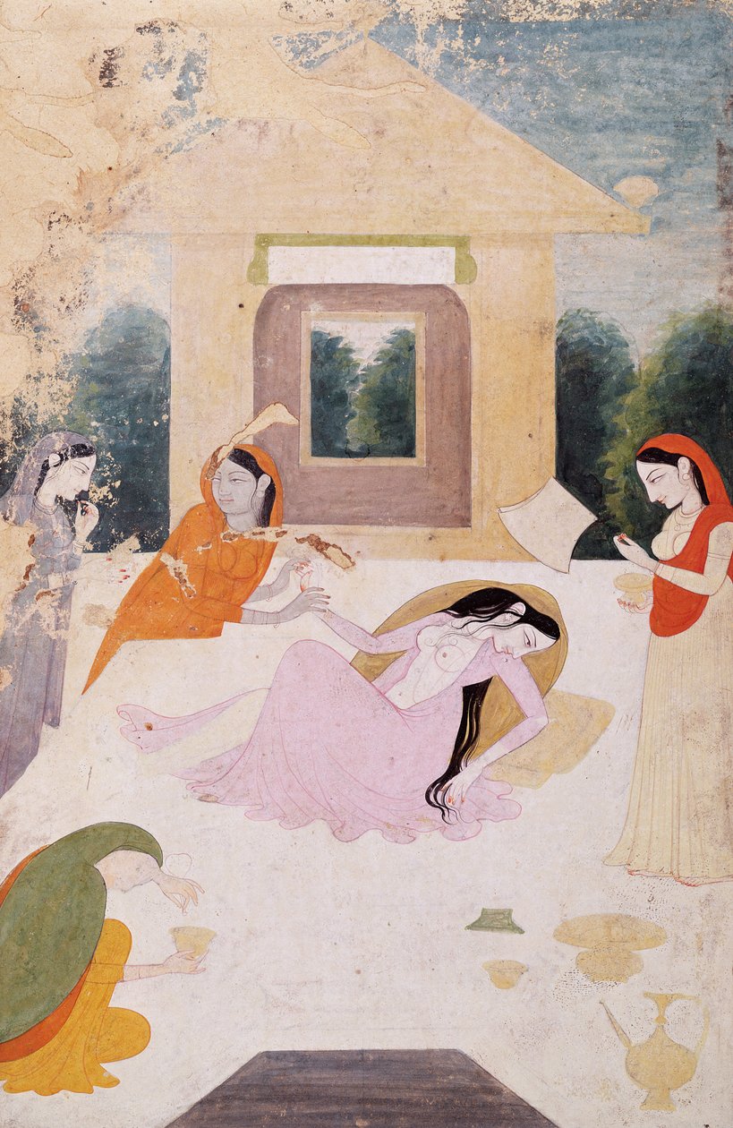 Eine Dame auf einer Terrasse, verzweifelt vor unerfüllter Sehnsucht nach ihrem Liebhaber, ihre Dienerinnen können sie nicht trösten, Guler, Pahari-Schule, um 1810 von Indian School