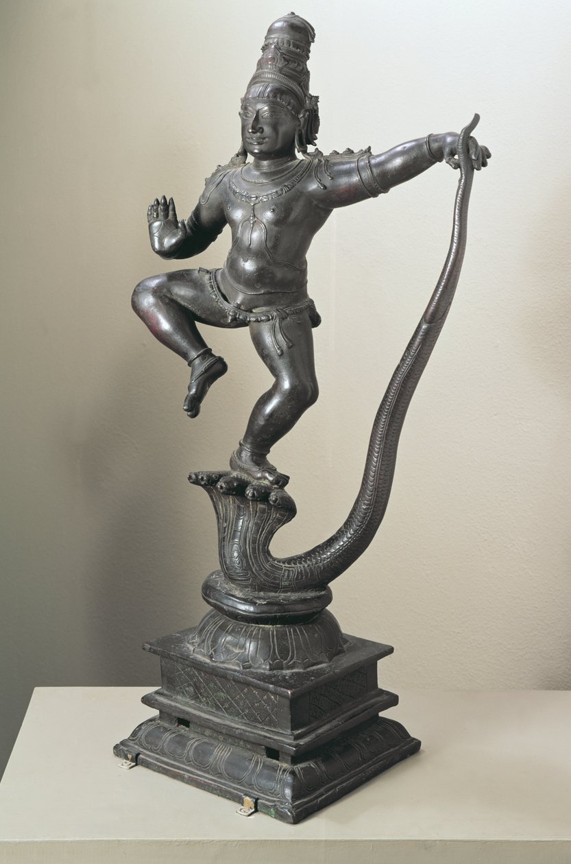 Krishna als Junge, der die Schlange Kalilya bezwingt, Madras, 16.-17. Jahrhundert von Indian School