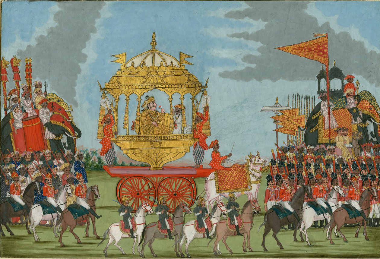 Radscha von Tanjore reitet auf einem Elefanten zu einer Hochzeitszeremonie, ca. 1780 von Indian Art