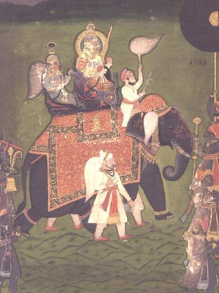 Rana Jawan Singh (1828-38) von Mewar reitet auf einem geschmückten Elefanten, ca. 1835 von Indian School