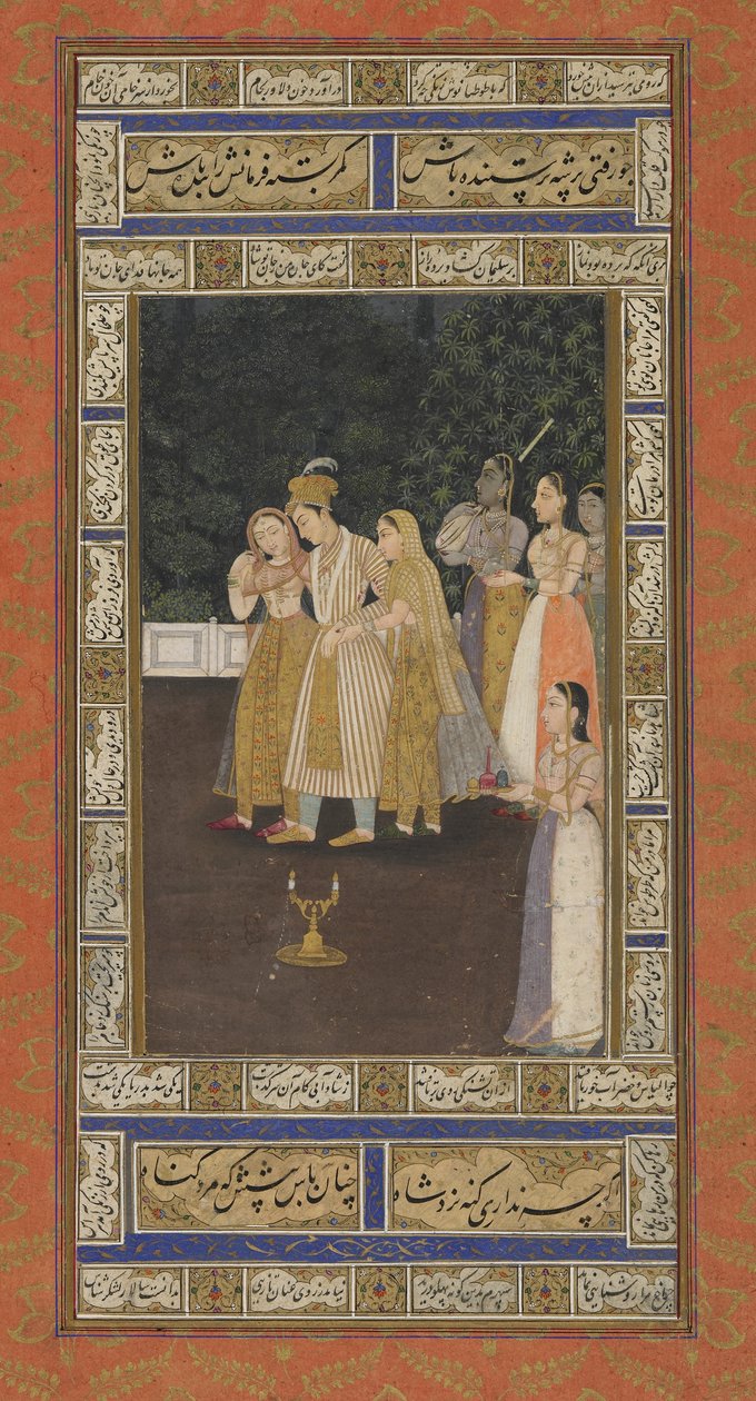 Ein Prinz mit Haremsdamen, Albumblatt mit Malerei, frühes 18. Jahrhundert von Indian School
