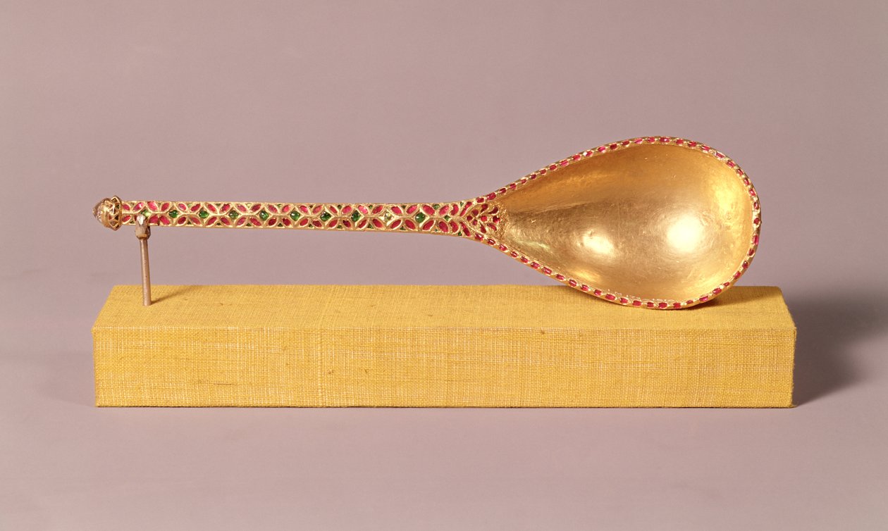 Ein zeremonieller Löffel, geschmückt mit Rubinen, Smaragden und einem Diamanten, Mughal von Indian School