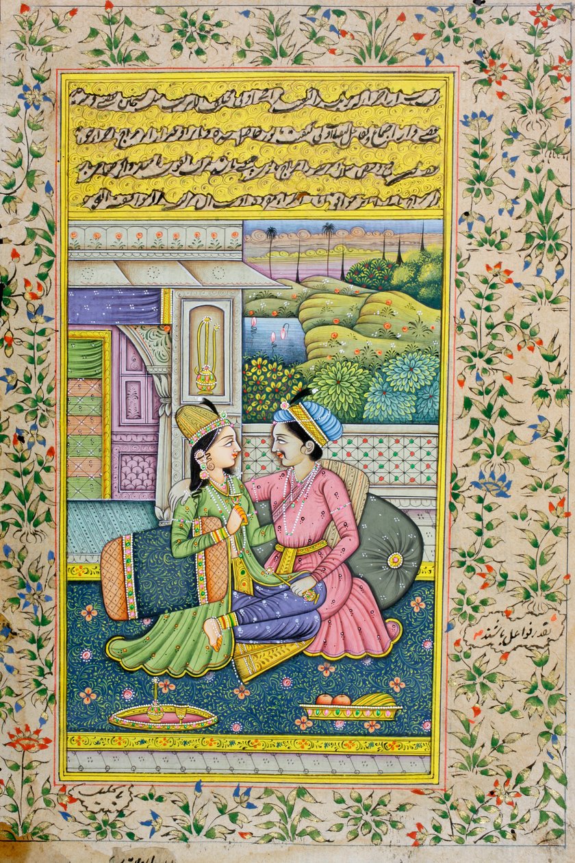 Ein Mann umwirbt eine Frau in einer luxuriösen Umgebung, Rajasthani-Miniaturmalerei von Indian School