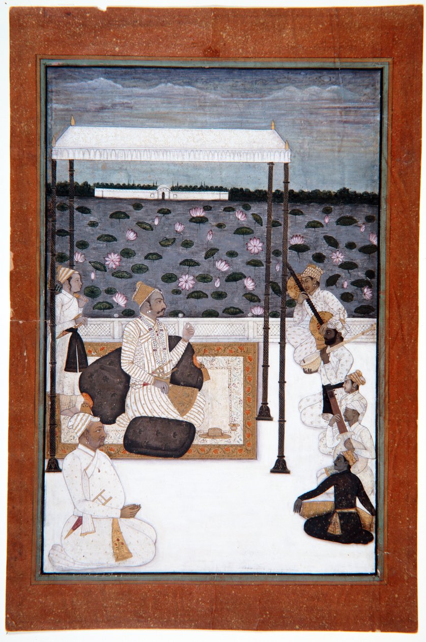 Ein Adliger hört Musik unter einem Baldachin auf einer Terrasse am See, ca. 1680 von Indian School