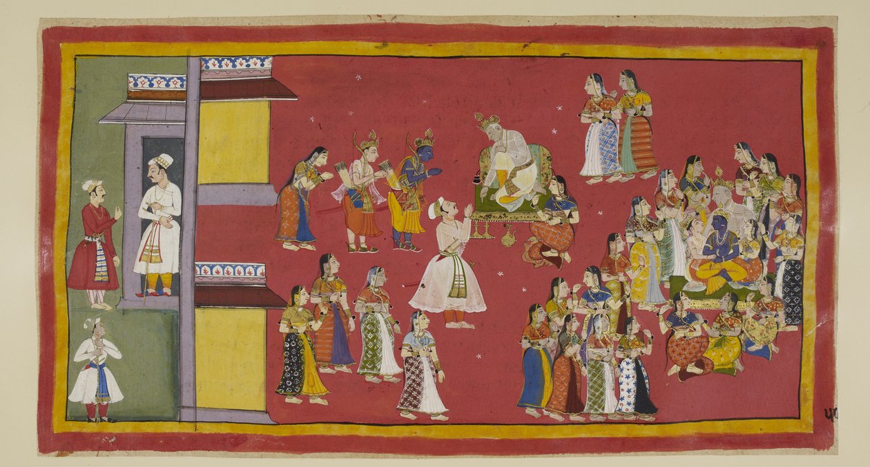 Add 15296 (1) f.50r, Dasaratha hatte zuvor Sumantra befohlen, seine Königinnen und alle seine Frauen zu rufen, die nun den König umgeben, als Sumantra die Verbannten hereinbringt, um sich zu verabschieden. Dasaratha versucht, Rama davon abzuhalten, in den  von Indian School