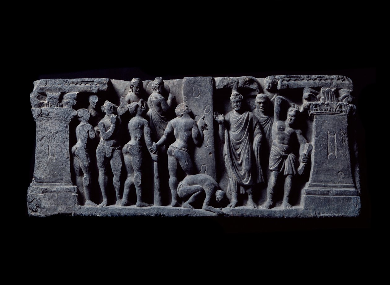 Kunst von Gandhara (oder Greco-Buddhismus): „Bogenschützen von Devadatta greifen Gautama Buddha an“ Relief der Gandhara-Schule - 2. bis 4. Jahrhundert - Indian Museum, Kalkutta, Indien von Indian School