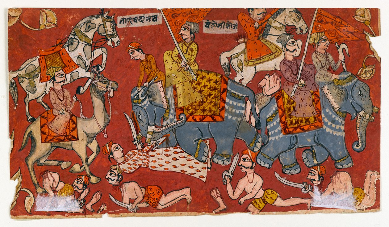 Kampfszene aus einer Bhagavata Purana Serie, ca. 1625-50 von Indian School