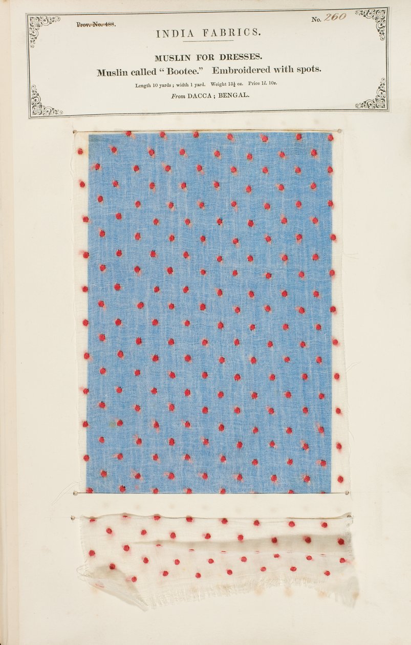 Musselinprobe mit goldenen Blumen bedruckt aus Jeypore in Rajpootana States, aus The Collection of the Textile Manufacturers of India, von John Forbes Watson, veröffentlicht 1866 von Indian School