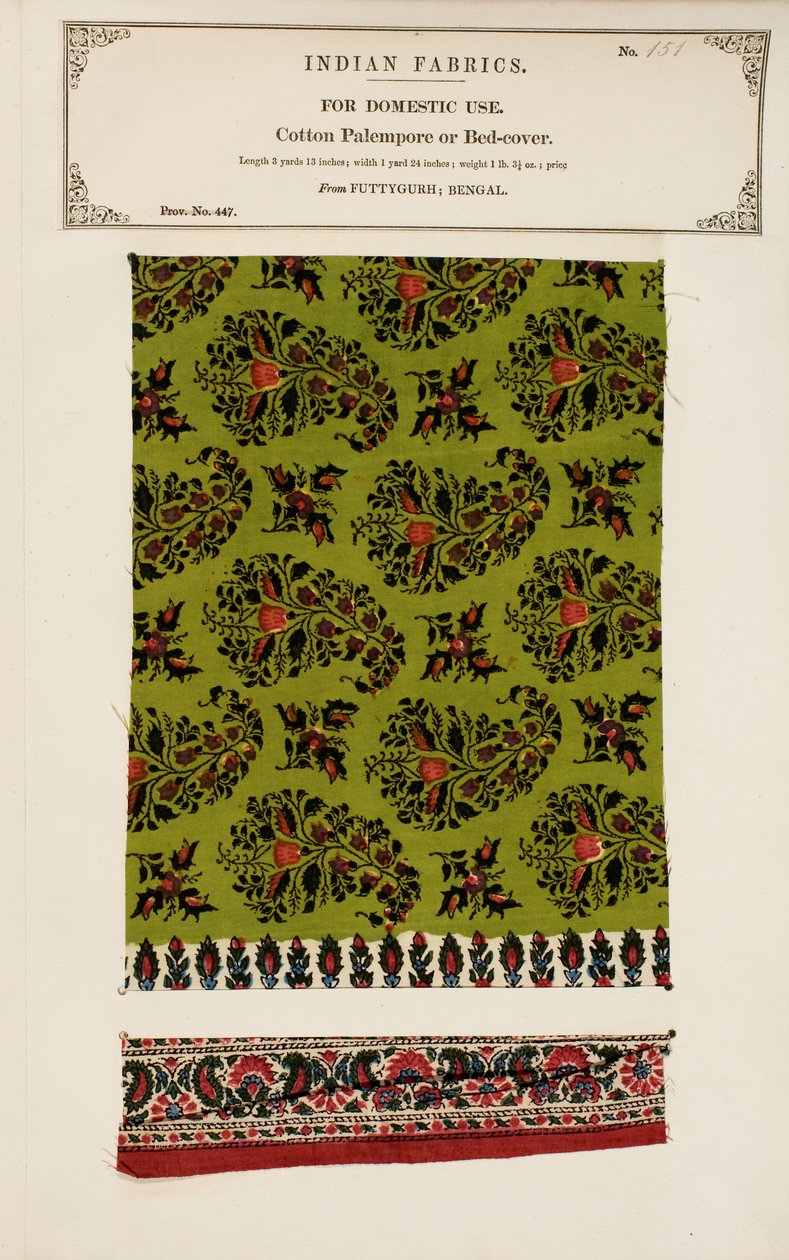 Baumwoll-Palempore- oder Bettdeckenprobe aus Futtygurgh in Bengalen, aus The Collection of the Textile Manufacturers of India, von John Forbes Watson, veröffentlicht 1866 von Indian School