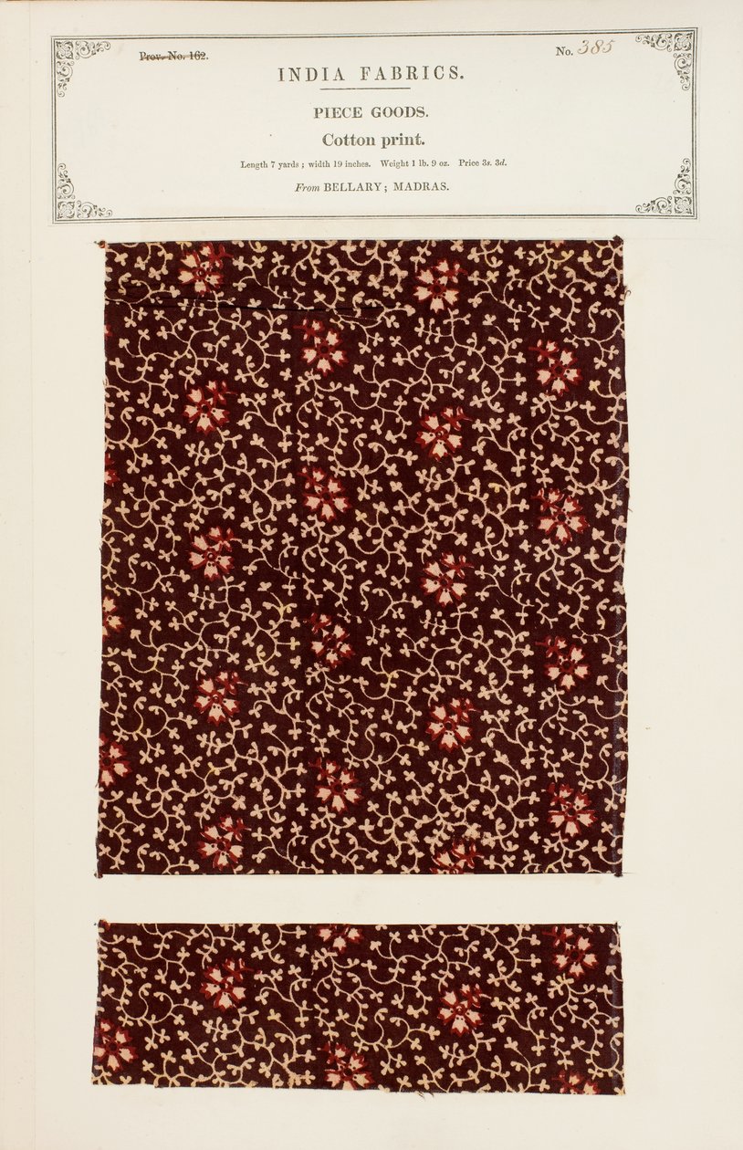 Grobe Baumwollprobe mit Chetee (Chintz) Muster aus Arcot in Madras, aus The Collection of the Textile Manufacturers of India, von John Forbes Watson, veröffentlicht 1866 von Indian School