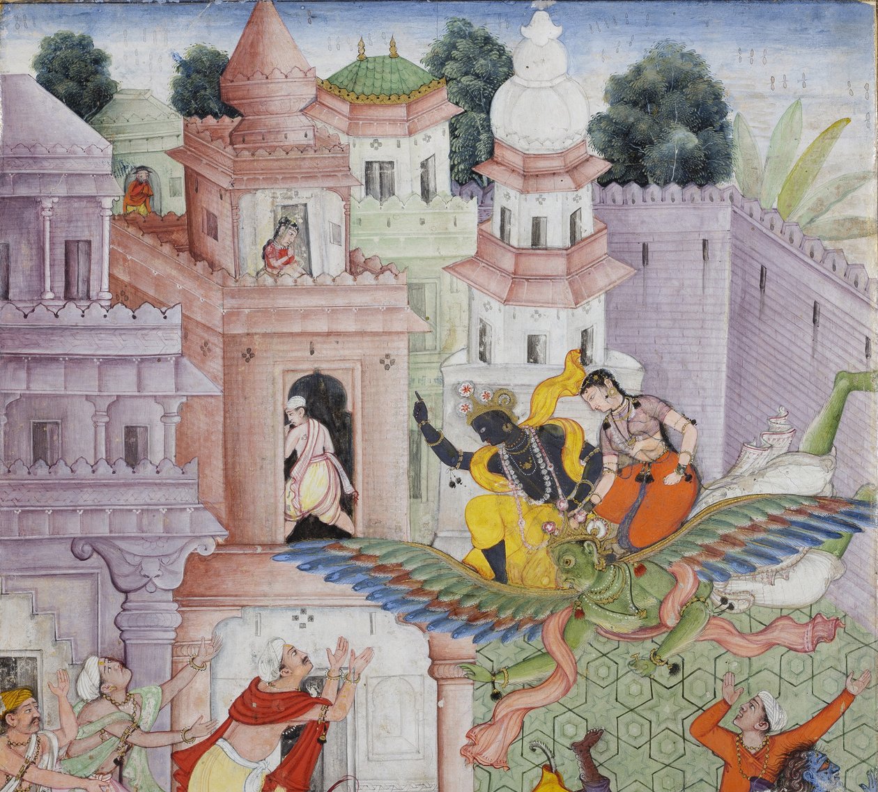(Detail) Krishna spaltet den Dämon Narakasura mit seinem Diskus, ca. 1585-90 von Indian School