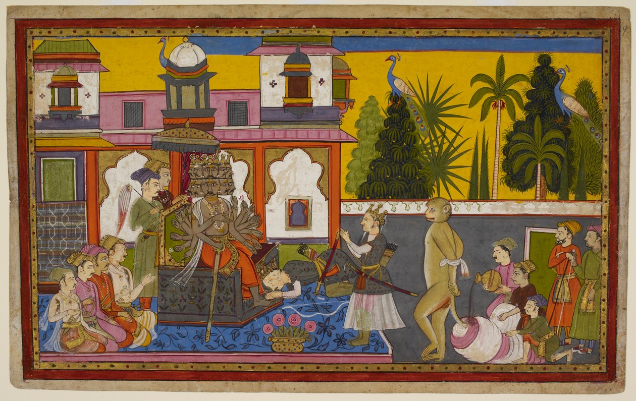 Hanuman wird von Ravana gefangen genommen, gedemütigt, entkommt aber und setzt die Stadt mit seinem brennenden Schwanz in Brand. 1653 (Miniatur) von Indian School