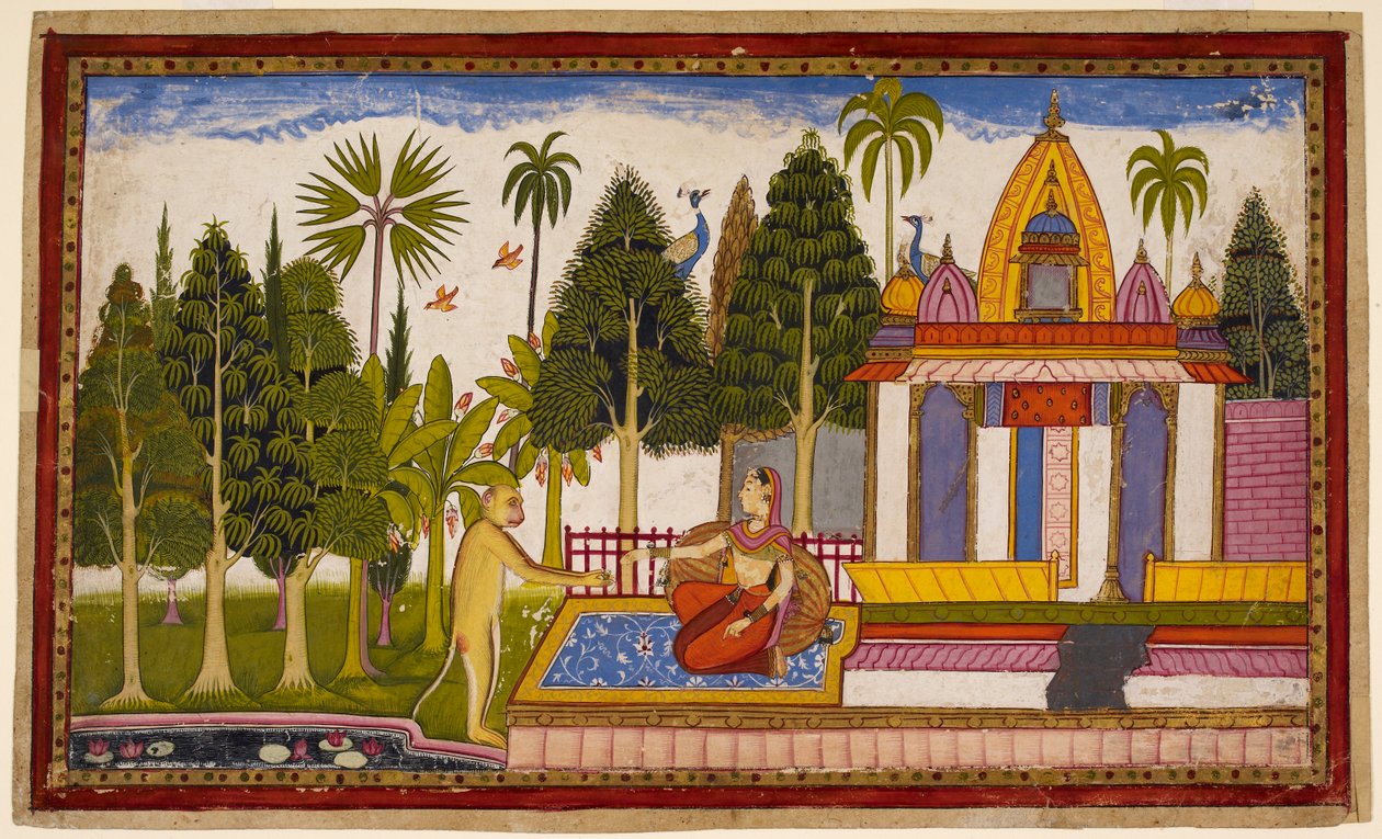 Hanuman offenbart sich Sita, bietet an, sie zu retten, aber sie besteht darauf, dass nur Rama dies tun kann, und gibt ihm ein Juwel für Rama von Indian School