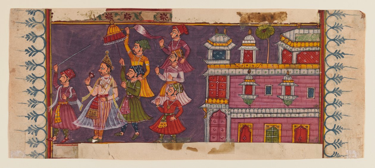 Heilige Männer und Höflinge versammeln sich vor einem Prinzen von Indian School