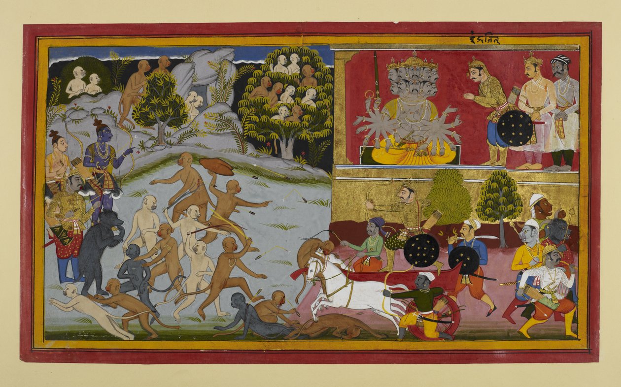 Indrajit greift unsichtbar an, während Affen und Rāma sich vorbereiten von Indian School