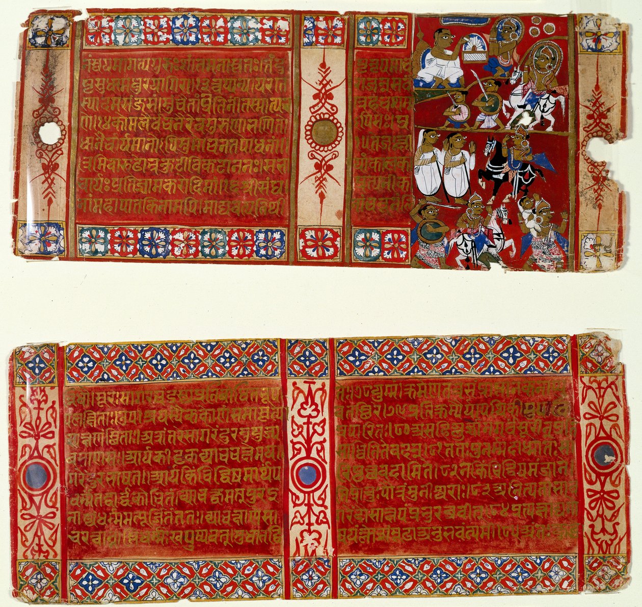 Kalaka wird ein Jain-Mönch; Kalaka entführt die Nonne, zwei Blätter aus einem verstreuten Jain-Manuskript der Kalakacharya-katha, Uttar Pradesh, ca. 1465 von Indian School