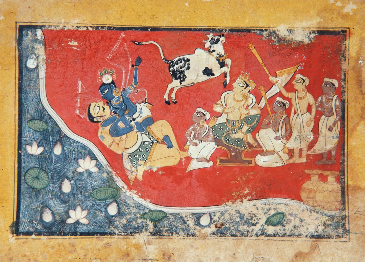 Krishna besiegt einen Dämon neben einem Fluss, ca. 1560 von Indian School
