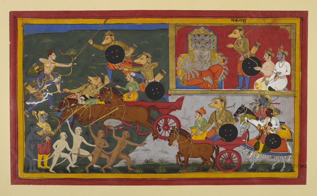 Makaraksha kämpft gegen Rama und Lakshmana, fällt aber durch ihre Pfeile von Indian School