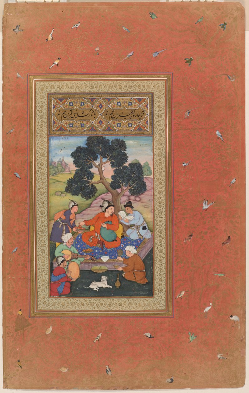 Mongolischer Häuptling und Gefolge, Folio aus dem Gulshan-Album (Rosengarten-Album), ca. 1600 von Indian School