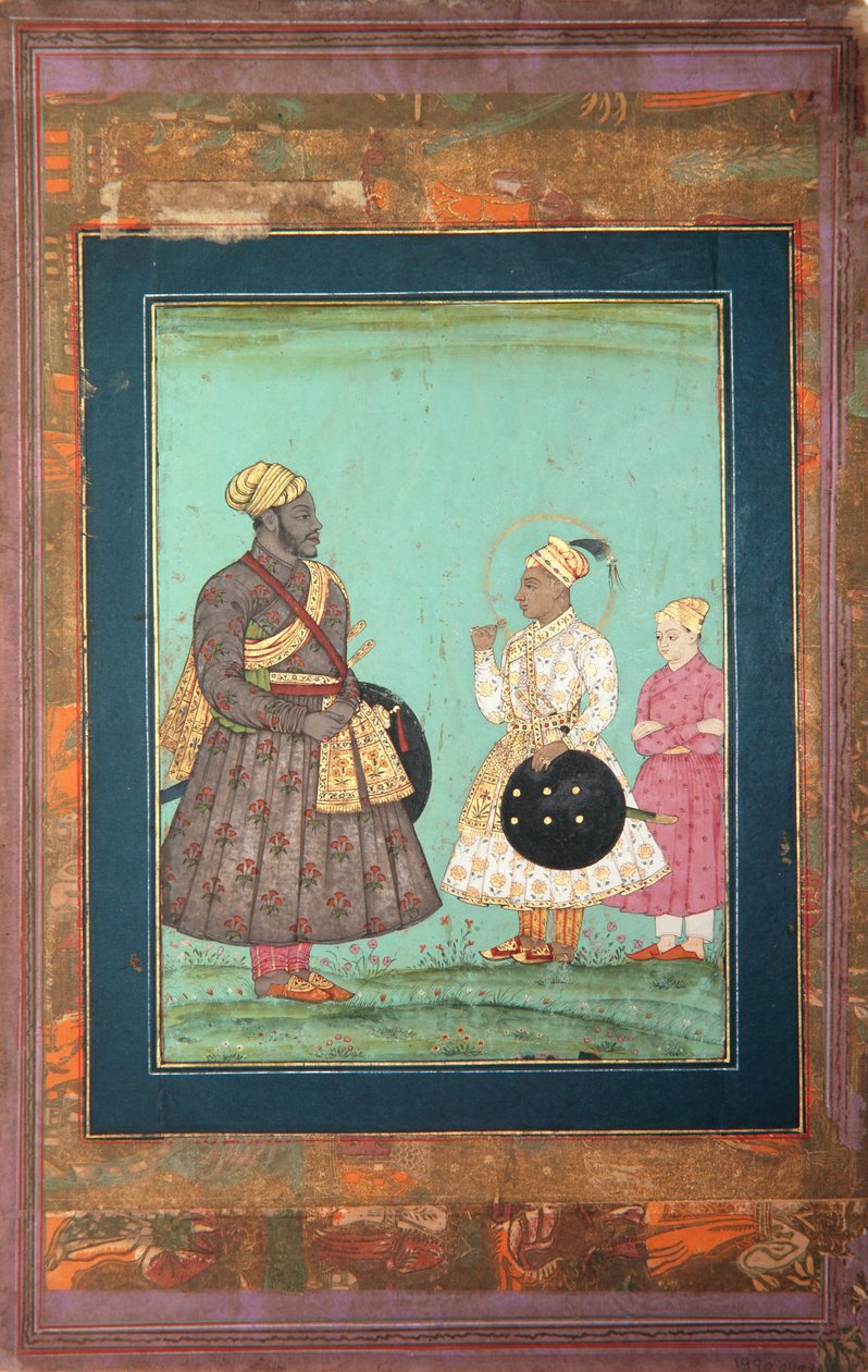 Murtaza Nizam Shah mit einem schwarzen Wesir, möglicherweise Malik Ambar, und einem jüngeren Mann, ca. 1680 von Indian School