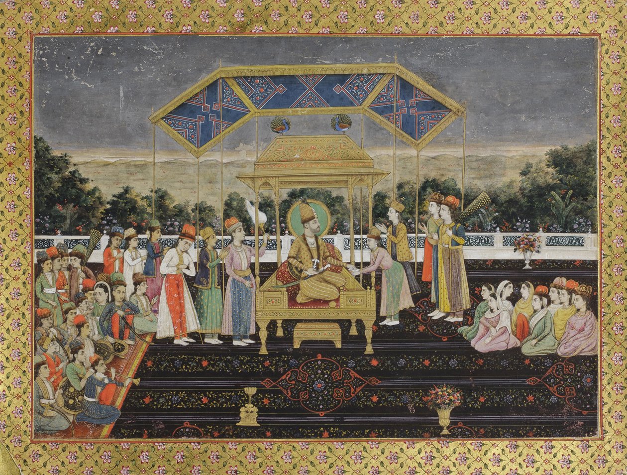 Nadir Shah auf dem Pfauenthron nach seiner Niederlage von Muhammad Shah von Indian School